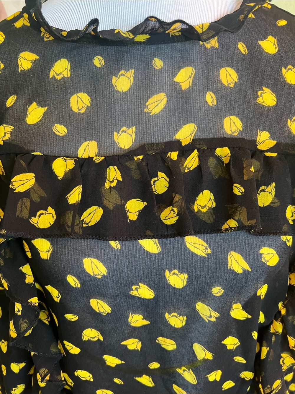 Who What Wear -Black Sheer Ruffle Blouse with Yellow Floral Motif - Picture 2 of 4